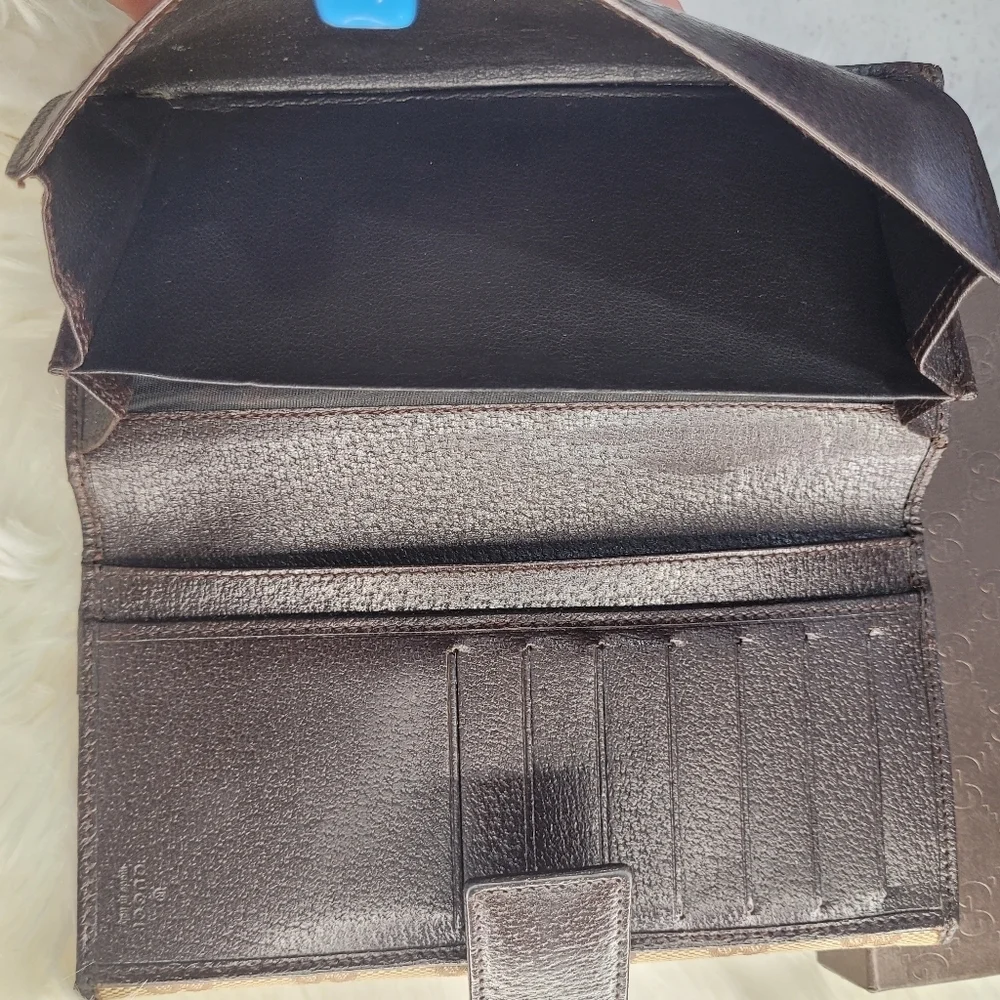 🤎🔹️Gucci 🔹️GG canvas logo plate long wallet beige brown leather - Picture 9 of 11